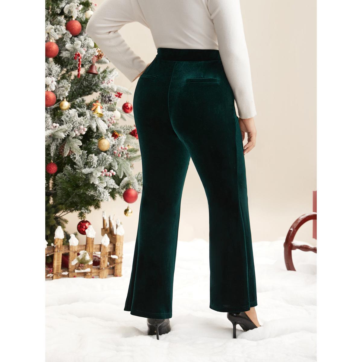 Plus Size Velvet Mid Rise Flared Pants Women DarkGreen Elegant Bootcut Mid Rise Everyday Pants BloomChic 12/L Product Image