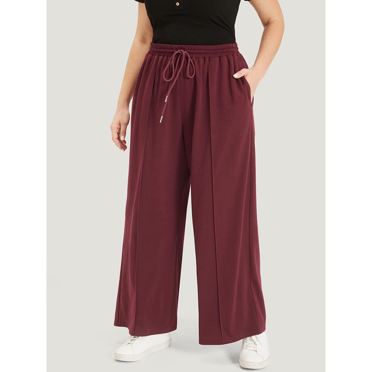 Solid Drawstring Pocket Loose Sweatpants Scarlet Plus Size Women Casual Dailywear Plain 28/5X Bloomchic Product Image