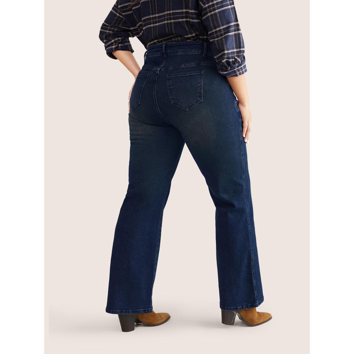 Plus Size Dark Wash Bootcut Slant Pocket Jeans Women Indigo Casual Plain Plain High stretch Pocket Jeans BloomChic 28/5X Product Image
