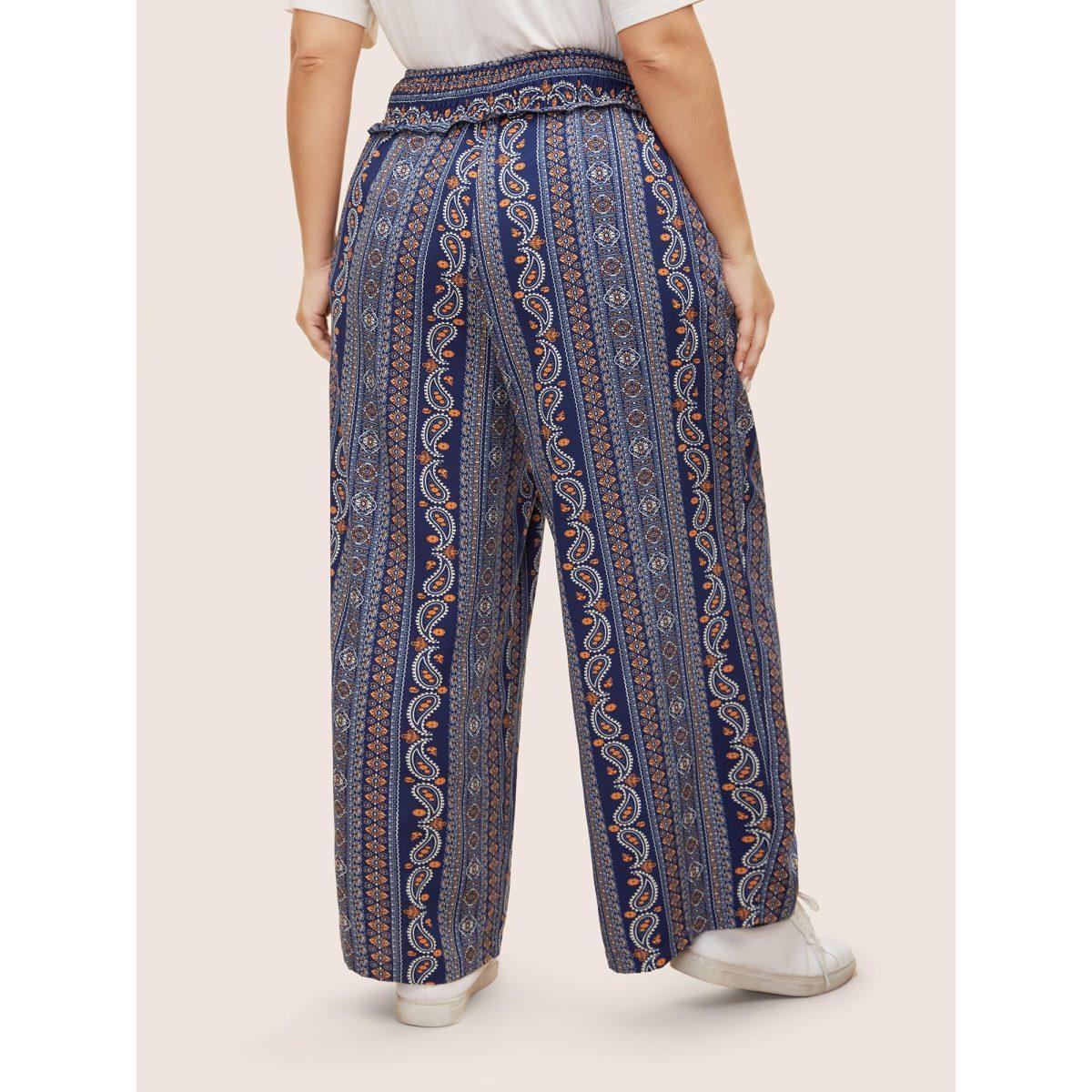 Plus Size Bandana Print Frill Trim Drawstring Pants Women Indigo Casual Wide Leg Mid Rise Everyday Pants BloomChic 28/5X Product Image
