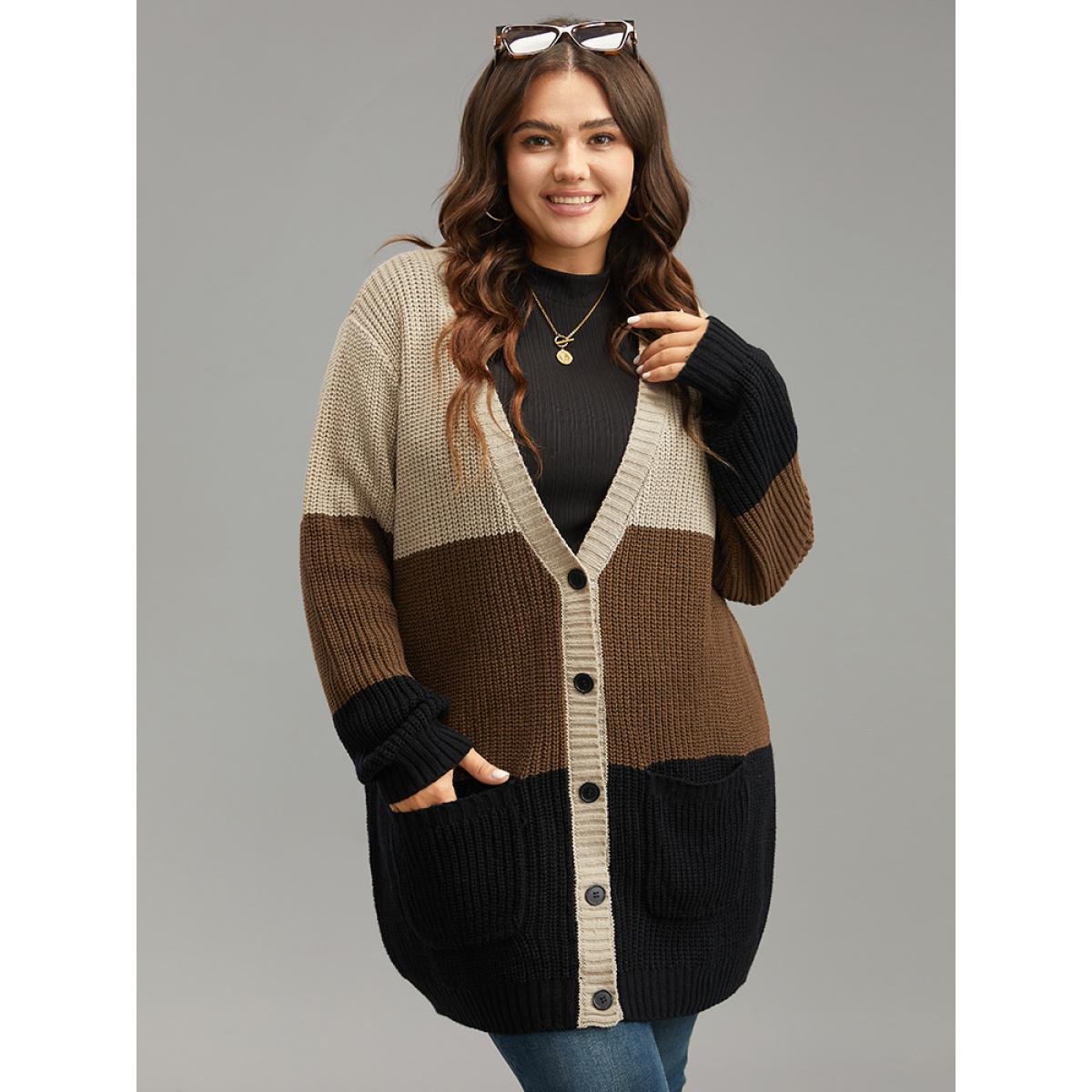 Plus Size Contrast Button Through Patched Pocket Cardigan Multicolor Women Casual Loose Long Sleeve Dailywear Cardigans BloomChic 14-16/1X Product Image