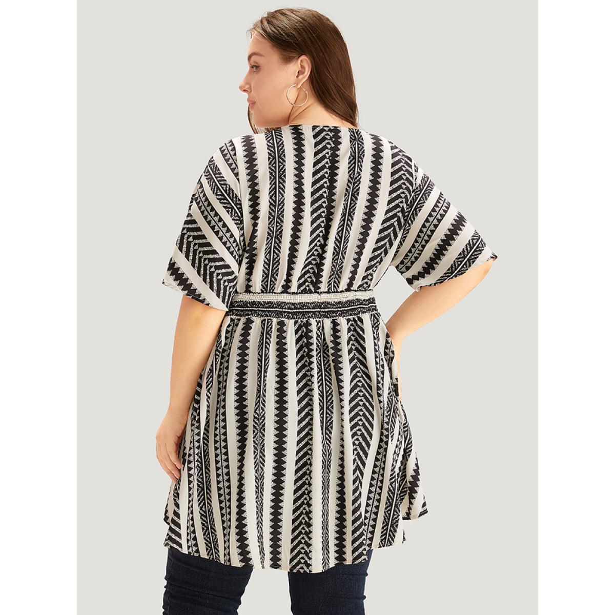 Plus Size White Bandana Print High Low Hem Patchwork Blouse Women Elegant Short sleeve Deep V-neck Vacation Blouses BloomChic 30/6X Product Image