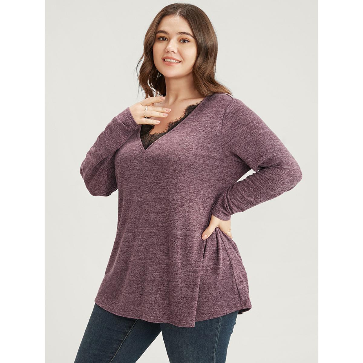 Plus Size Solid Lace Trim V Neck Long Tee Burgundy Women Elegant Lace Plain V-neck Dailywear T-shirts BloomChic 30/6X Product Image
