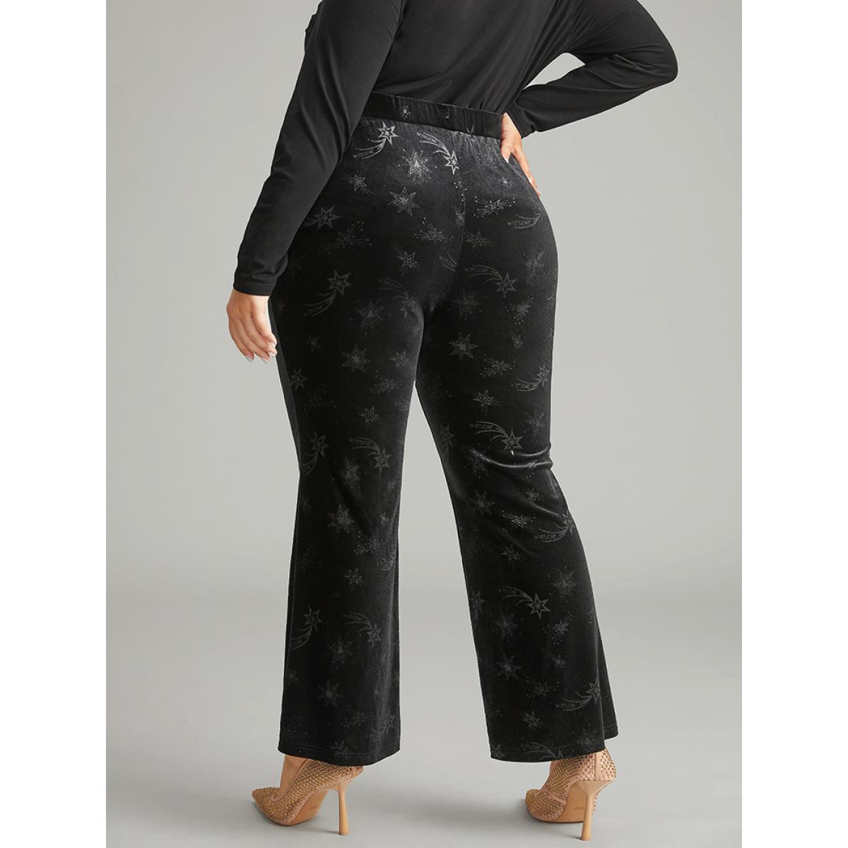 Plus Size Velvet Star Elastic Waist Pants Women Black Glamour Flare Leg High Rise Festival-Halloween Pants BloomChic 18-20/2X Product Image