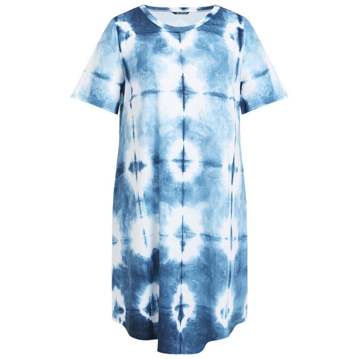 Plus Size Tie Dye Pocket Ruffle Hem Crew Neck Dress Blue Women Casual Printed Round Neck Short sleeve Curvy Midi Dress BloomChic 12/L Product Image