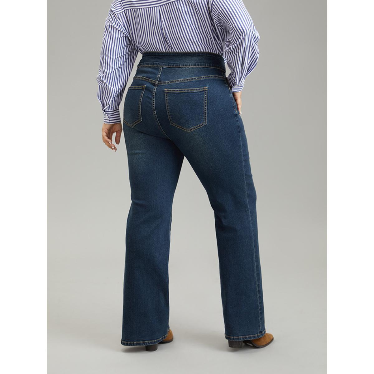 Plus Size Dark Wash Full Length Button Detail Jeans Women Indigo Casual Plain Plain High stretch Pocket Jeans BloomChic 30/6X Product Image