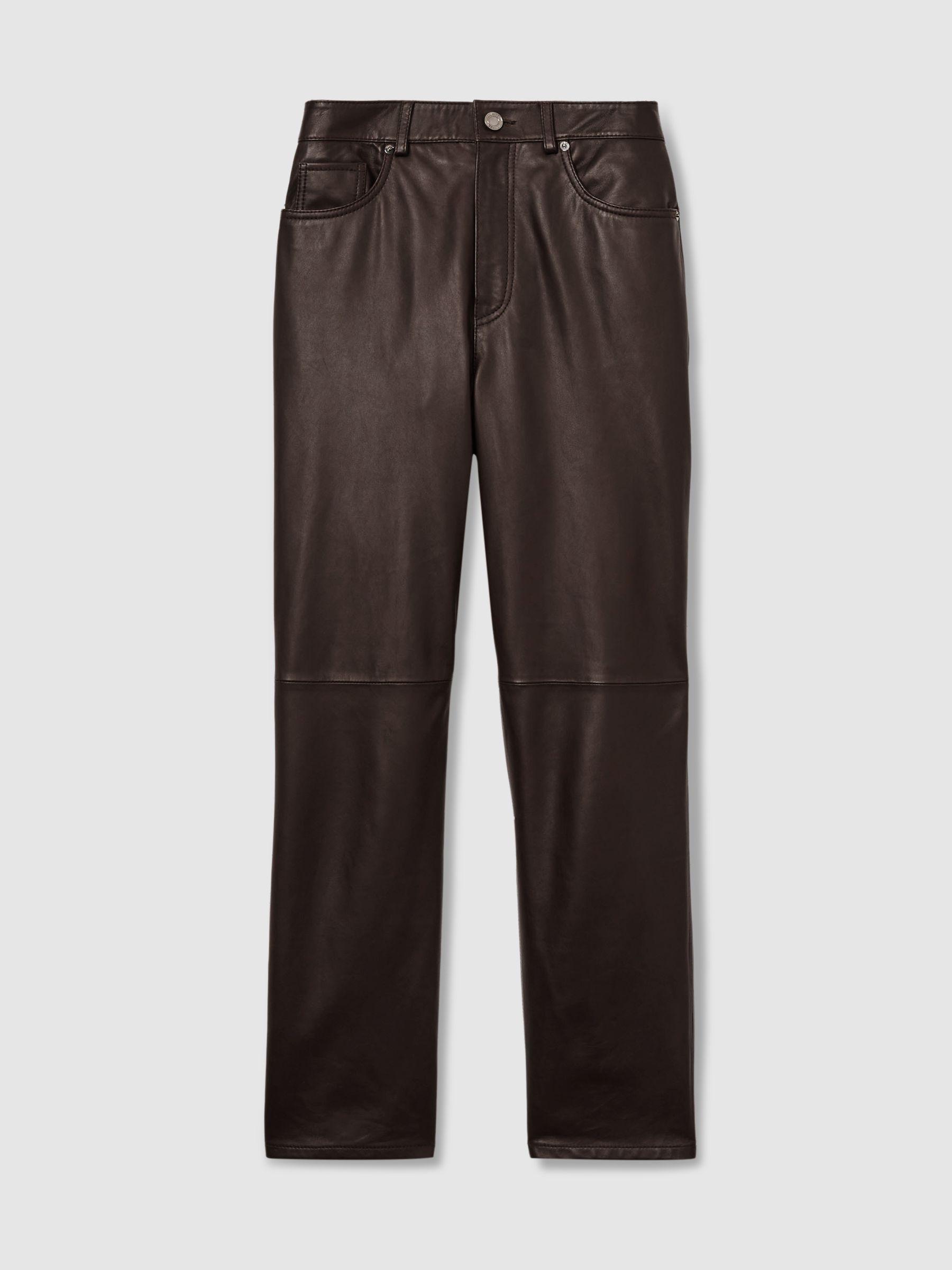 Petite Leather Slim-Leg Trousers in Chocolate Product Image