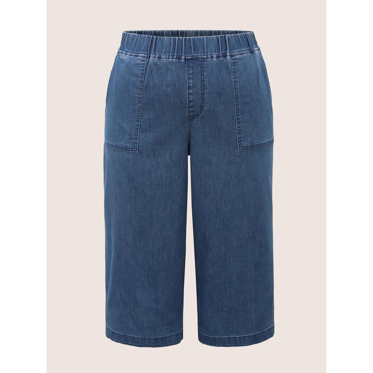 Plus Size Medium Wash Wide Leg Patch Pocket Cropped Jeans Women Denimblue Casual High stretch Patch pocket Jeans BloomChic 10/M Product Image