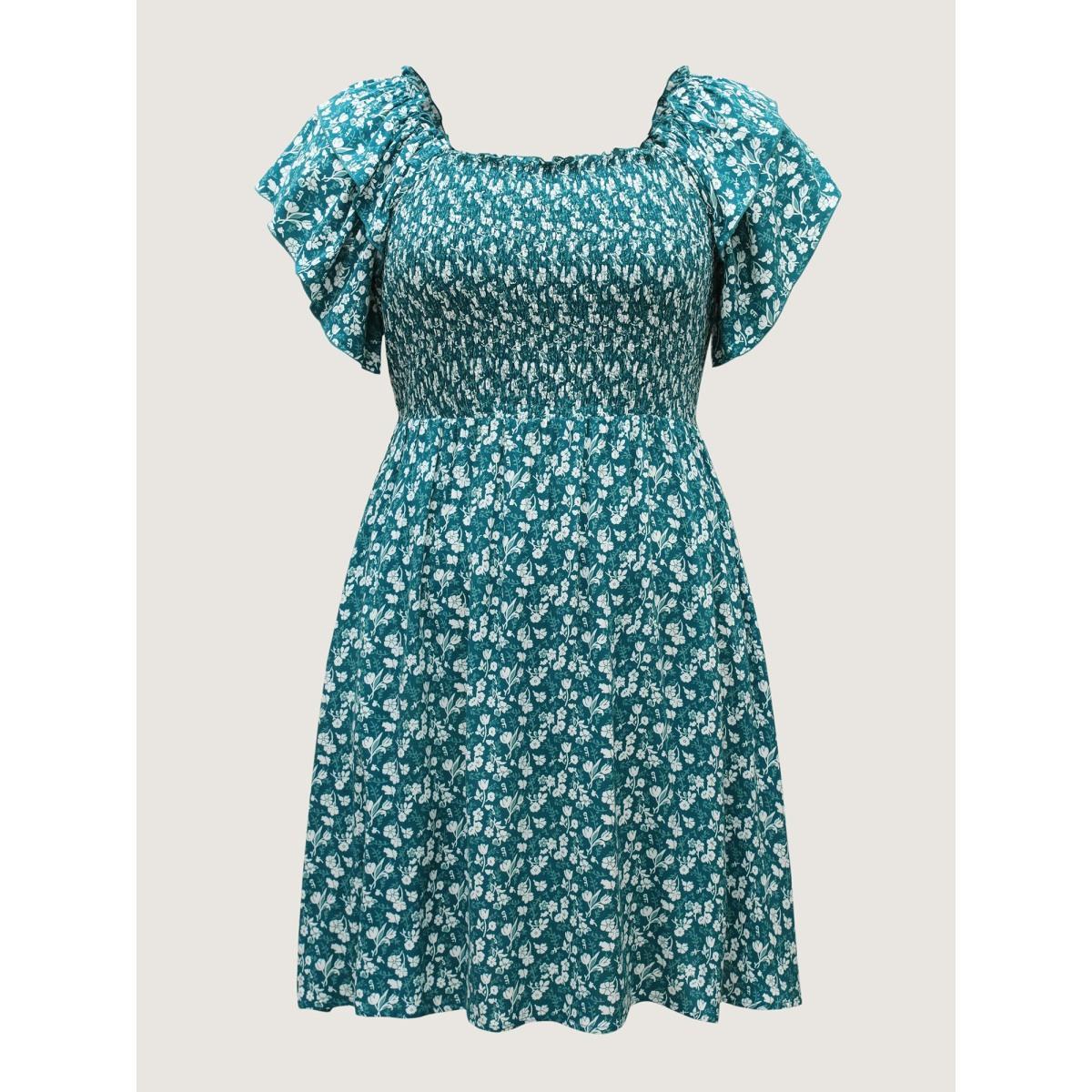 Plus Size Rayon Layered Sleeve Shirred Midi Dress Teal Women Square Neck Cap Sleeve Curvy BloomChic 30/6X Product Image