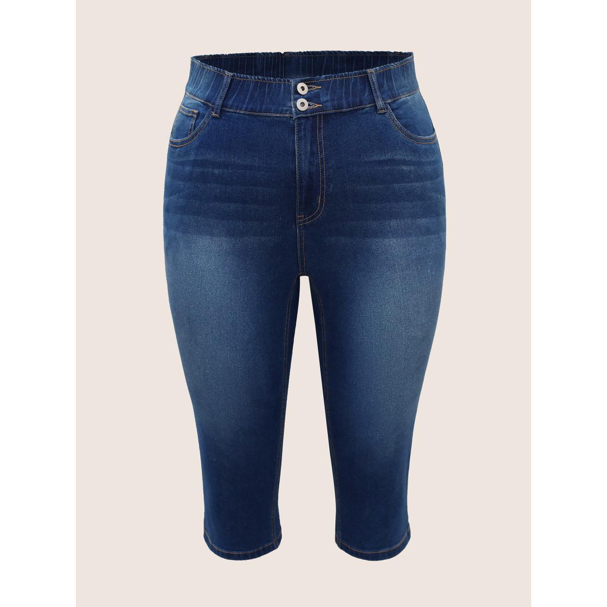 Plus Size Dark Wash Elastic Waist Split Side Jeans Women Blue Casual Slit High stretch Slanted pocket Jeans BloomChic 20/2X Product Image
