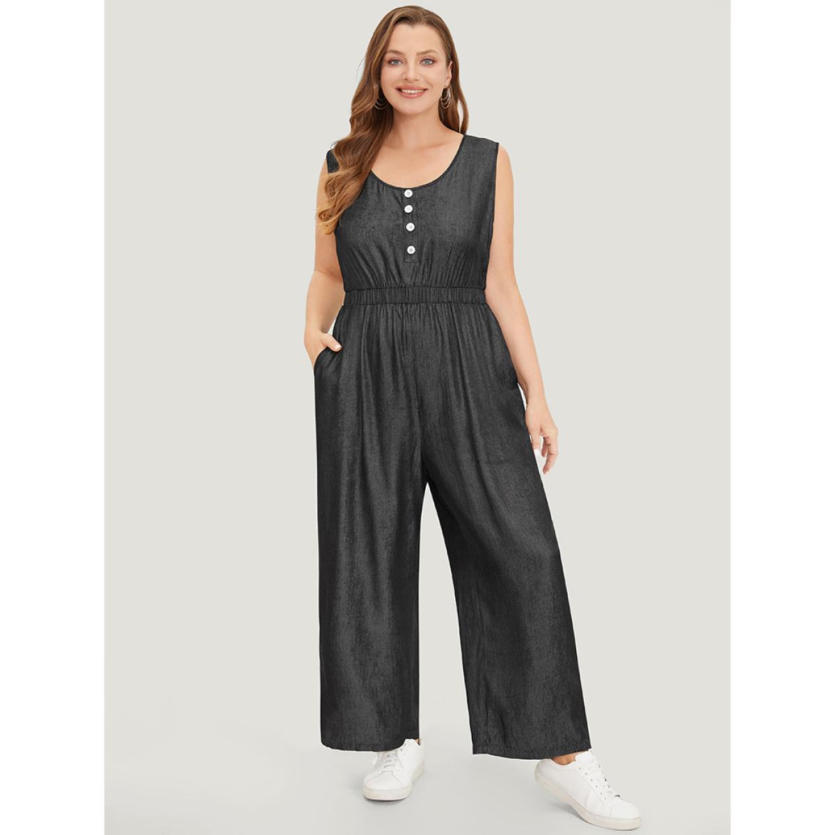 Plus Size Black Solid Pocket Button Detail Zipper Tank Jumpsuit Women Casual Sleeveless Round Neck Dailywear Loose Jumpsuits BloomChic 30/6X Product Image