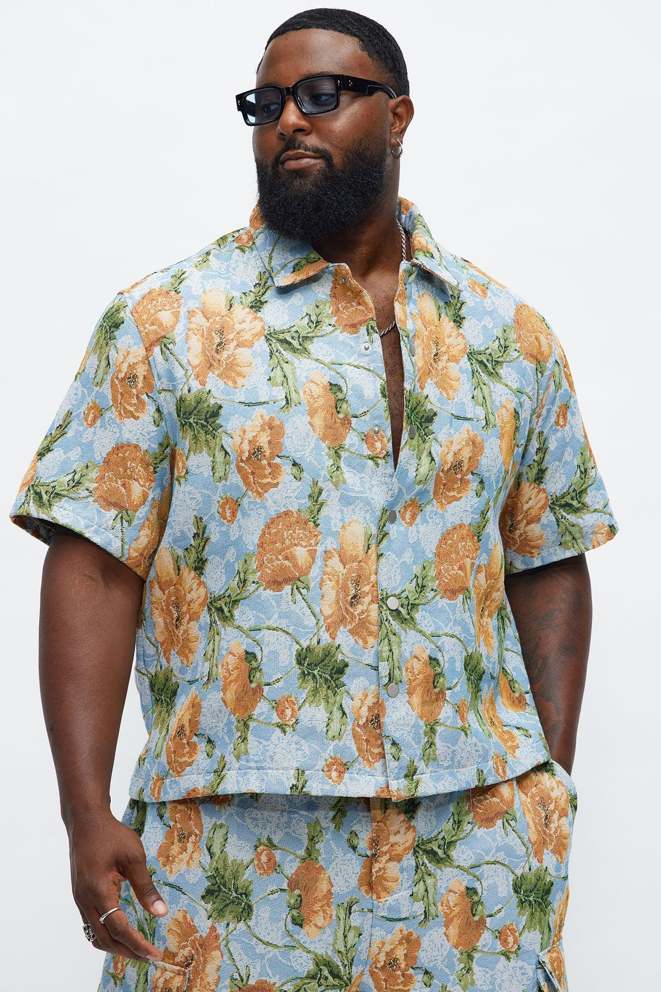 Rose Buds Tapestry Closed Collar Button Up Shirt - Blue/combo Product Image