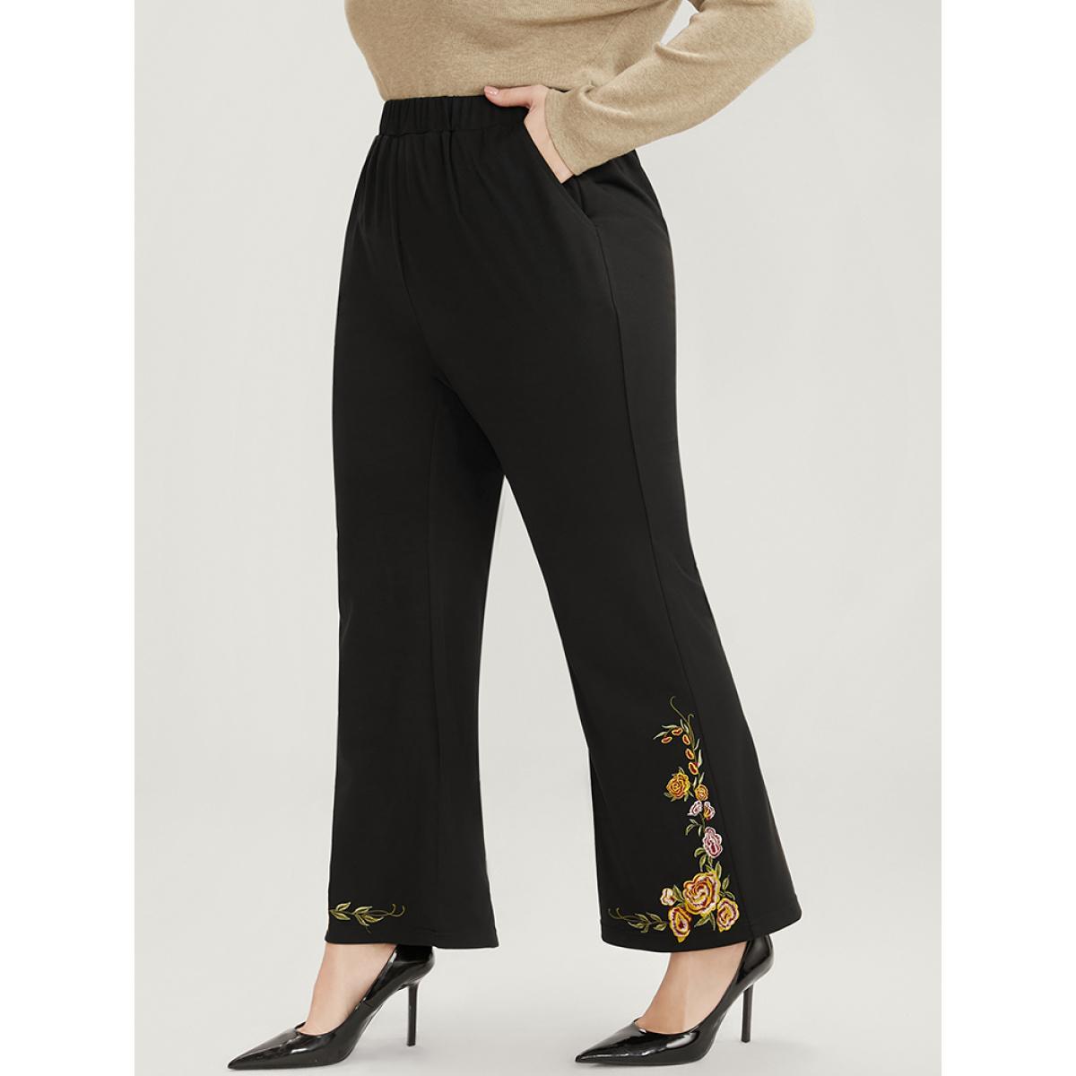 Plus Size Floral Embroidered Pocket Elastic Waist Bootcut Pants Women Black Elegant Bootcut Mid Rise Dailywear Pants BloomChic 30/6X Product Image
