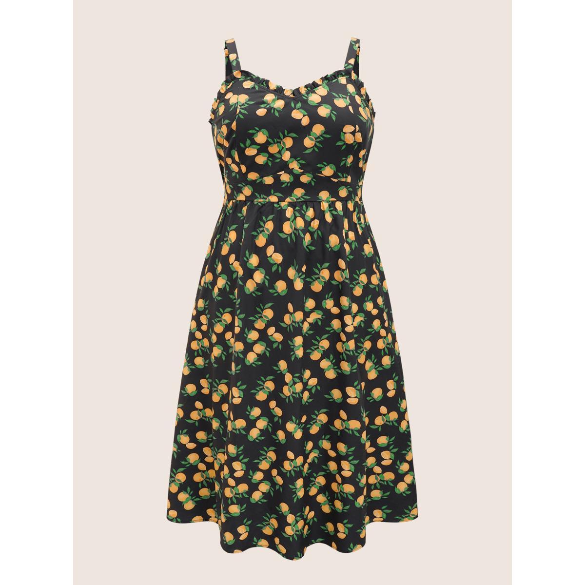 Plus Size Citrus Orange Print Pleated Frill Trim Cami Dress Black Women Elegant Frill Trim Non Sleeveless Curvy Midi Dress BloomChic 18-20/2X Product Image
