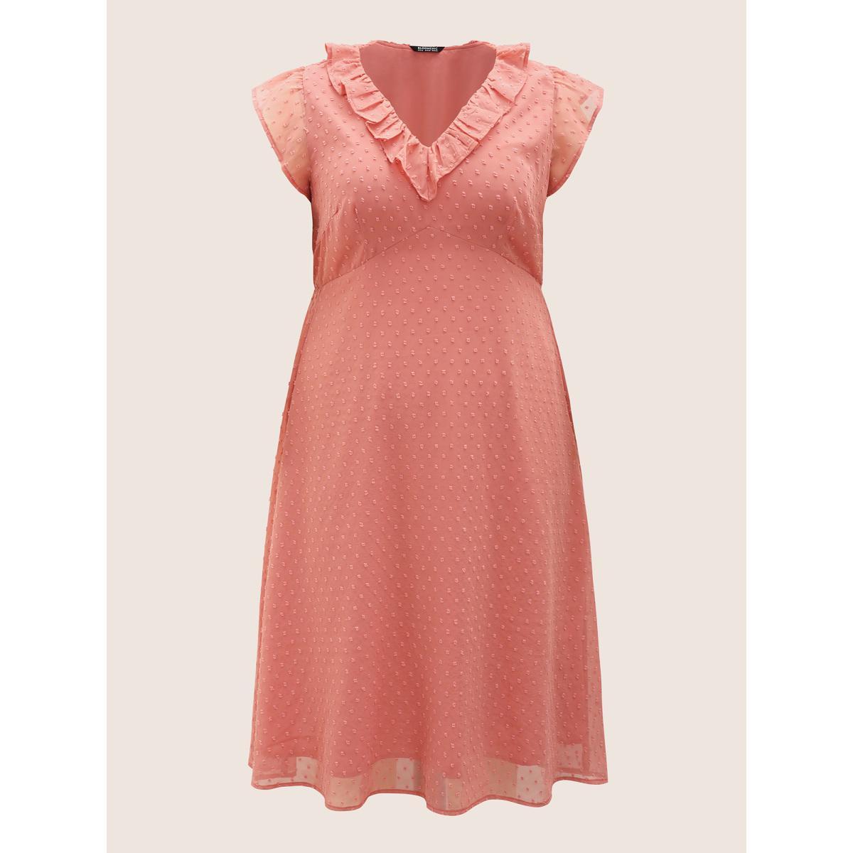 Plus Size Chiffon Plisse Ruffle Cap Sleeve Dress Watermelon Women Elegant Texture V-neck Cap Sleeve Curvy Midi Dress BloomChic 22-24/3X Product Image