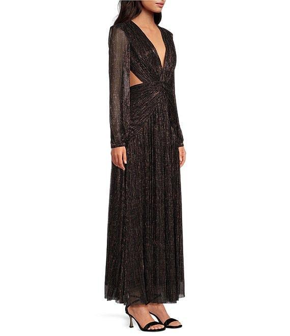 Gianni Bini Hazel Metallic Chiffon V-Neck Long Sleeve Cut Out Dress Product Image