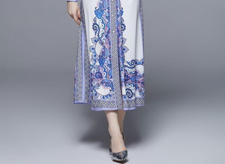 Long Sleeve Stand Collar Patterned Print Belted Button Midi A-Line Dress Product Image