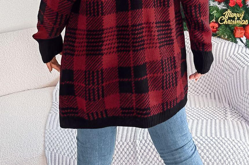 Plaid Contrast Trim Open Front Long Cardigan Product Image