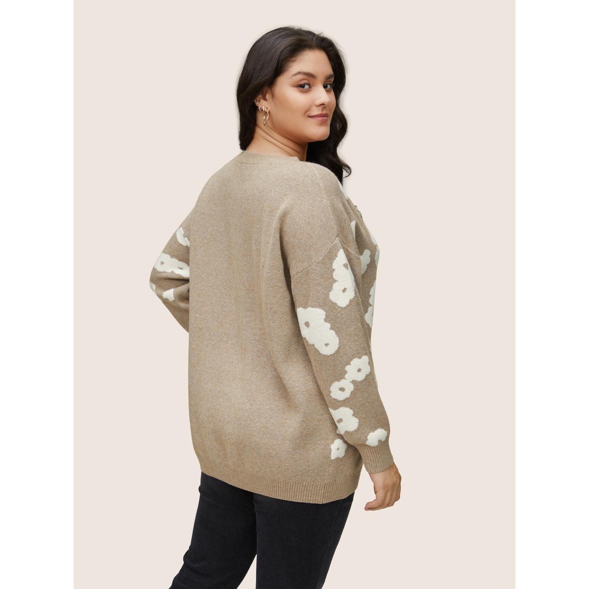 Plus Size Supersoft Essentials Floral Jacquard Pullover LightBrown Women Casual Loose Long Sleeve Round Neck Dailywear Pullovers BloomChic 10/M Product Image