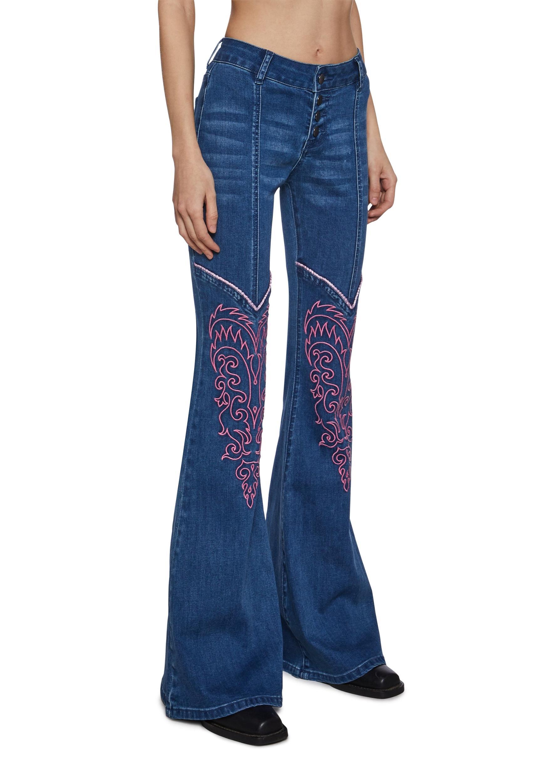 Womens Denim Flared Pants Jeans With Embroidery Sugar Thrillz - Blue Product Image