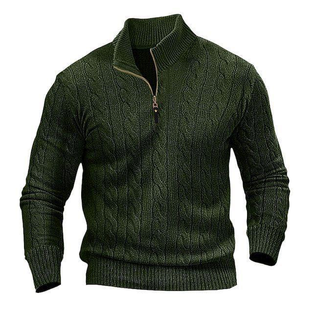 Stand Collar Half Zip Plain Cable Knit Sweater Product Image