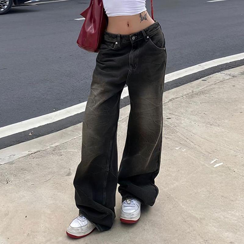 Low Waist Washed Loose-Fit Wide-Leg Jeans Product Image