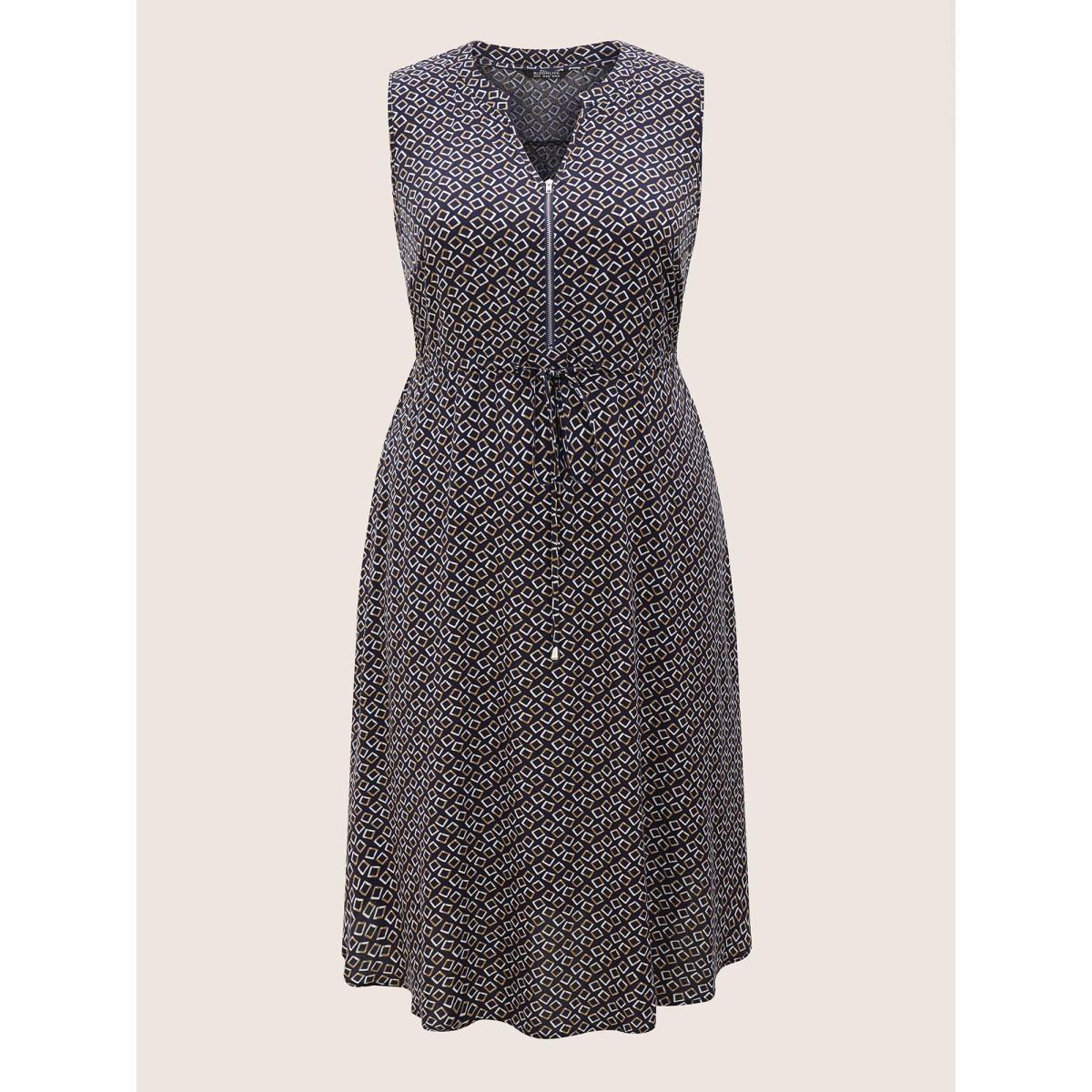 Plus Size Geometric Half Zip Drawstring Arc Hem Dress Indigo Women At the Office Drawstring Flat collar with V-notch Sleeveless Curvy BloomChic 14-16/1X Product Image