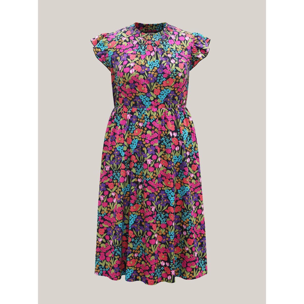 Plus Size Floral Print Shirred Pockets Midi Dress Indigo Women Elegant Frill Trim Mock Neck Cap Sleeve Curvy BloomChic 28/5X Product Image