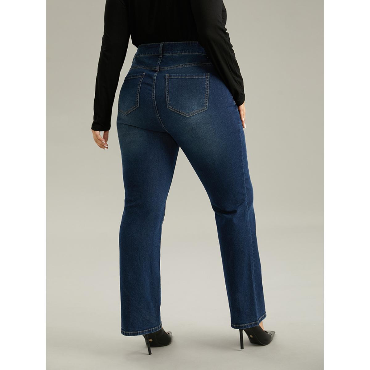 Plus Size Dark Wash Button Up Straight Leg Jeans Women DarkBlue Casual Plain Plain High stretch Pocket Jeans BloomChic 24/3X Product Image
