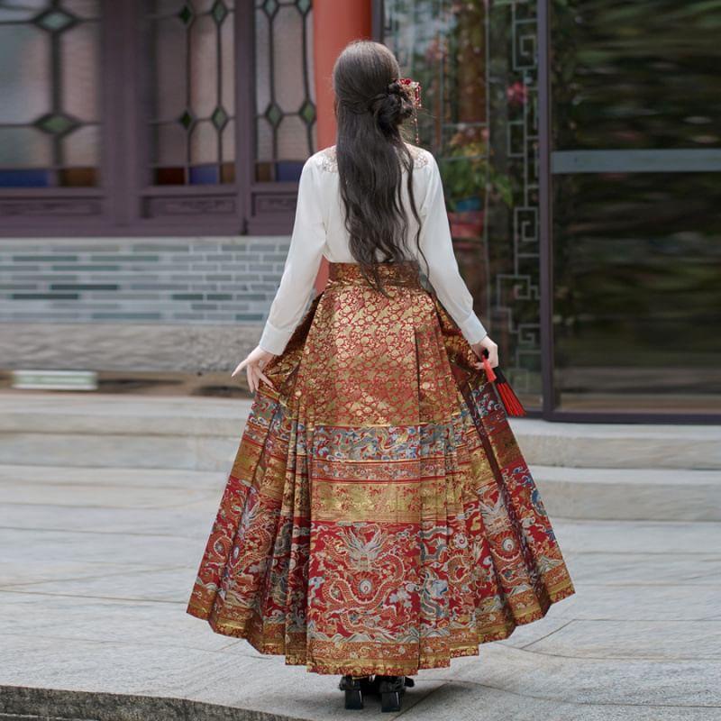 Long-Sleeve Mandarin Collar Floral Jacquard Blouse / High Waist Midi Ma Mian Skirt Product Image