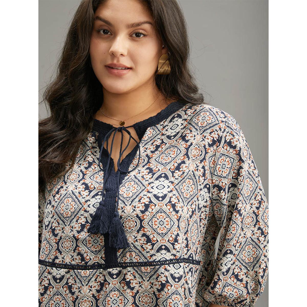 Plus Size Indigo Moroccan Print Tassels Ties Elastic Cuffs Blouse Women Resort Elbow-length sleeve Tie Neck Vacation Blouses BloomChic 18-20/2X Product Image
