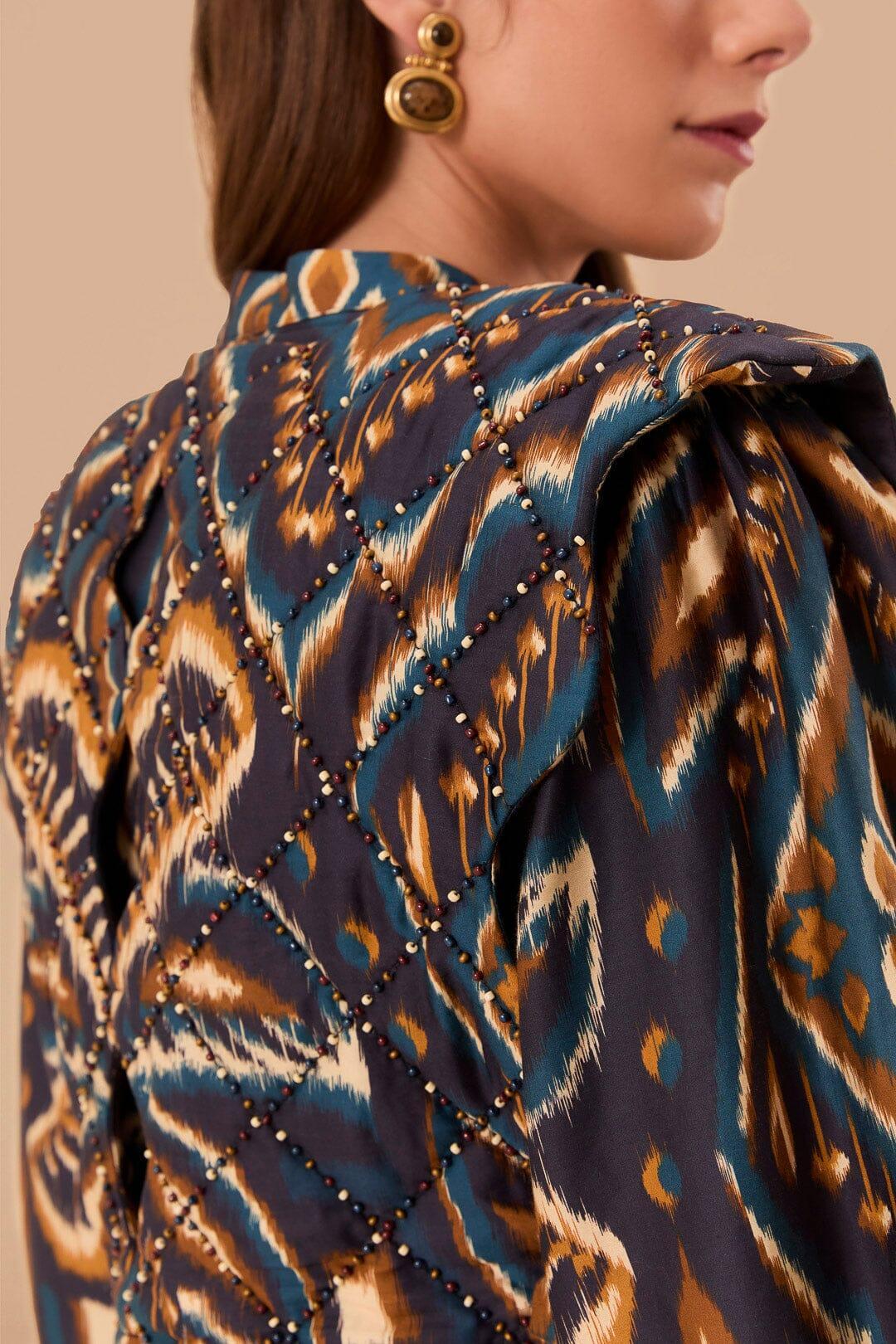 Blue Pineapple Ikat Long Sleeve Matelasse Blouse, PINEAPPLE IKAT BLUE / XXS Product Image