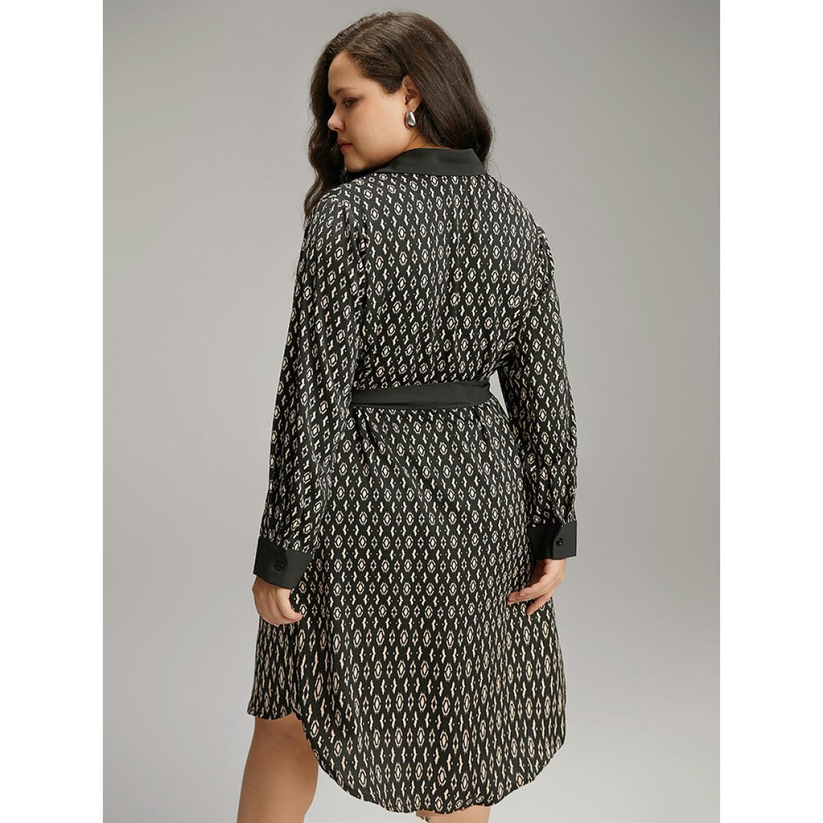 Plus Size Geometric Patched Pocket Arc Hem Dress Black Women Office Belted Shirt collar Long Sleeve Curvy Midi Dress BloomChic 28/5X Product Image