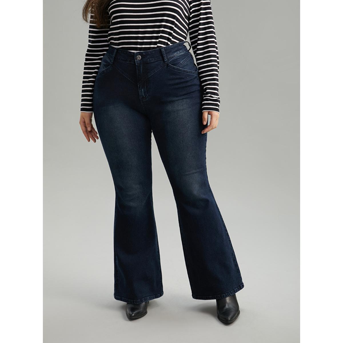 Plus Size Flare Leg Very Stretchy Pleated Patchwork Jeans Women Midnight Casual Plain Plain High stretch Pocket Jeans BloomChic 16/1X Product Image