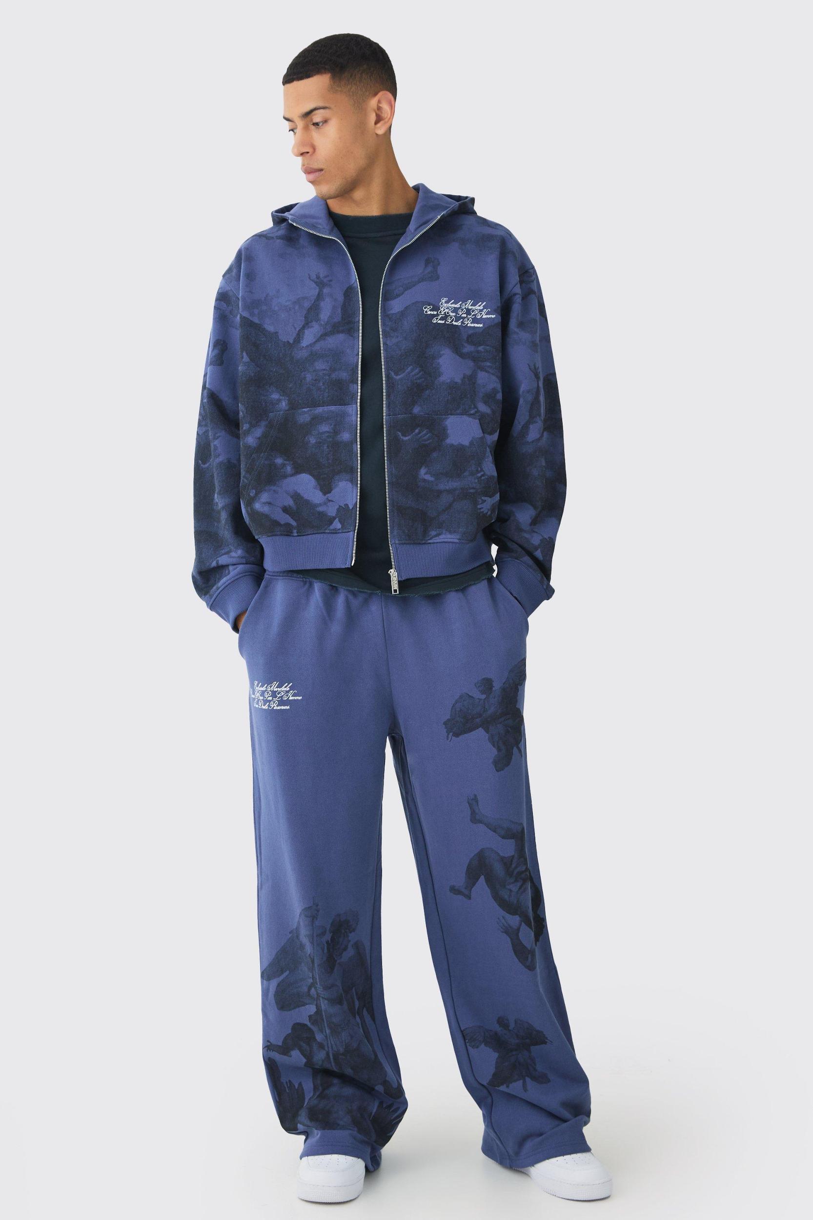 Oversized Boxy Zip Through Renaissance Print Hooded Tracksuit | boohooMAN USA Product Image