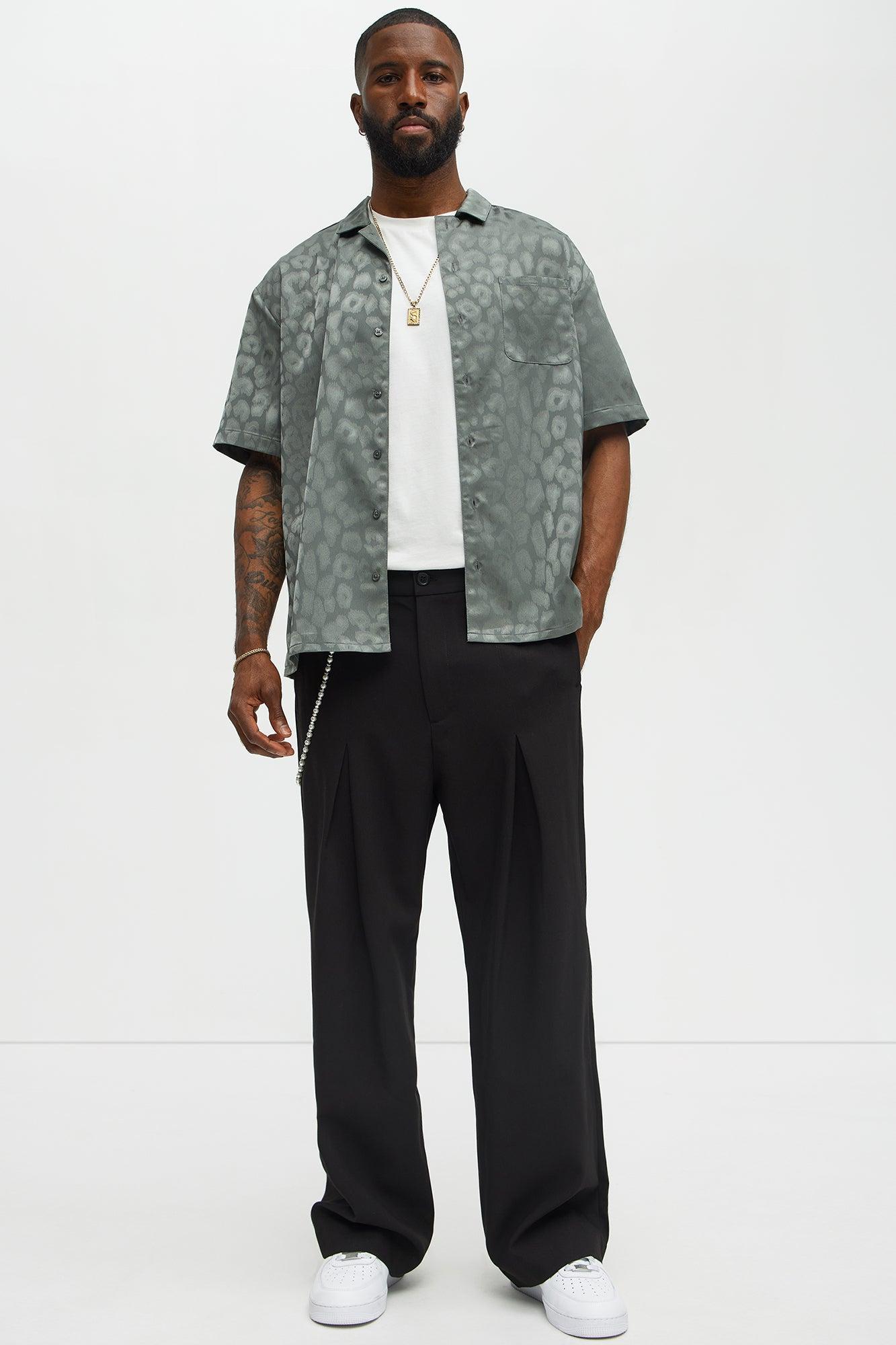 Satin Leopard Button Up Shirt - Grey Male Product Image