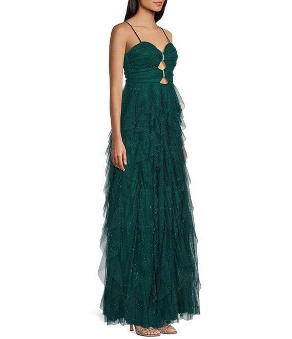 Pear Culture Glitter Mesh Sweetheart Neck Sleeveless Cut Front Bodice Dress Product Image