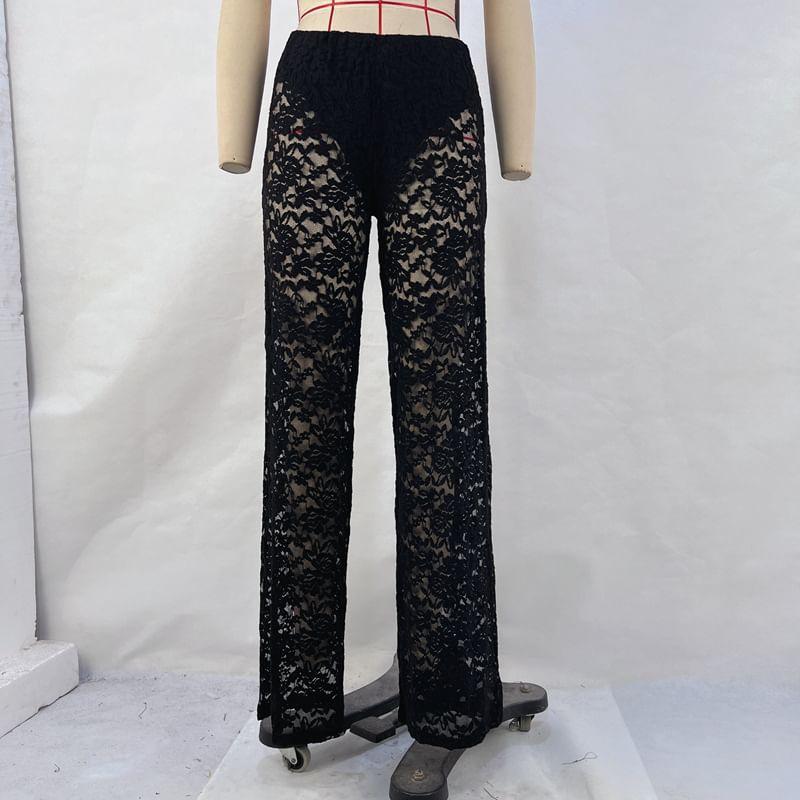 Mid Rise Floral Lace Straight Leg Pants Product Image