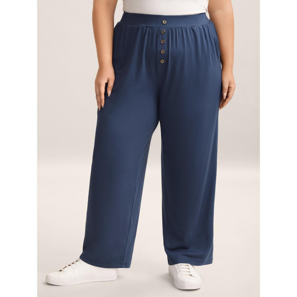 Plus Size Button Front Pleated Comfy Fit Pants Women Indigo Casual Wide Leg Mid Rise Everyday Pants BloomChic 12/L Product Image