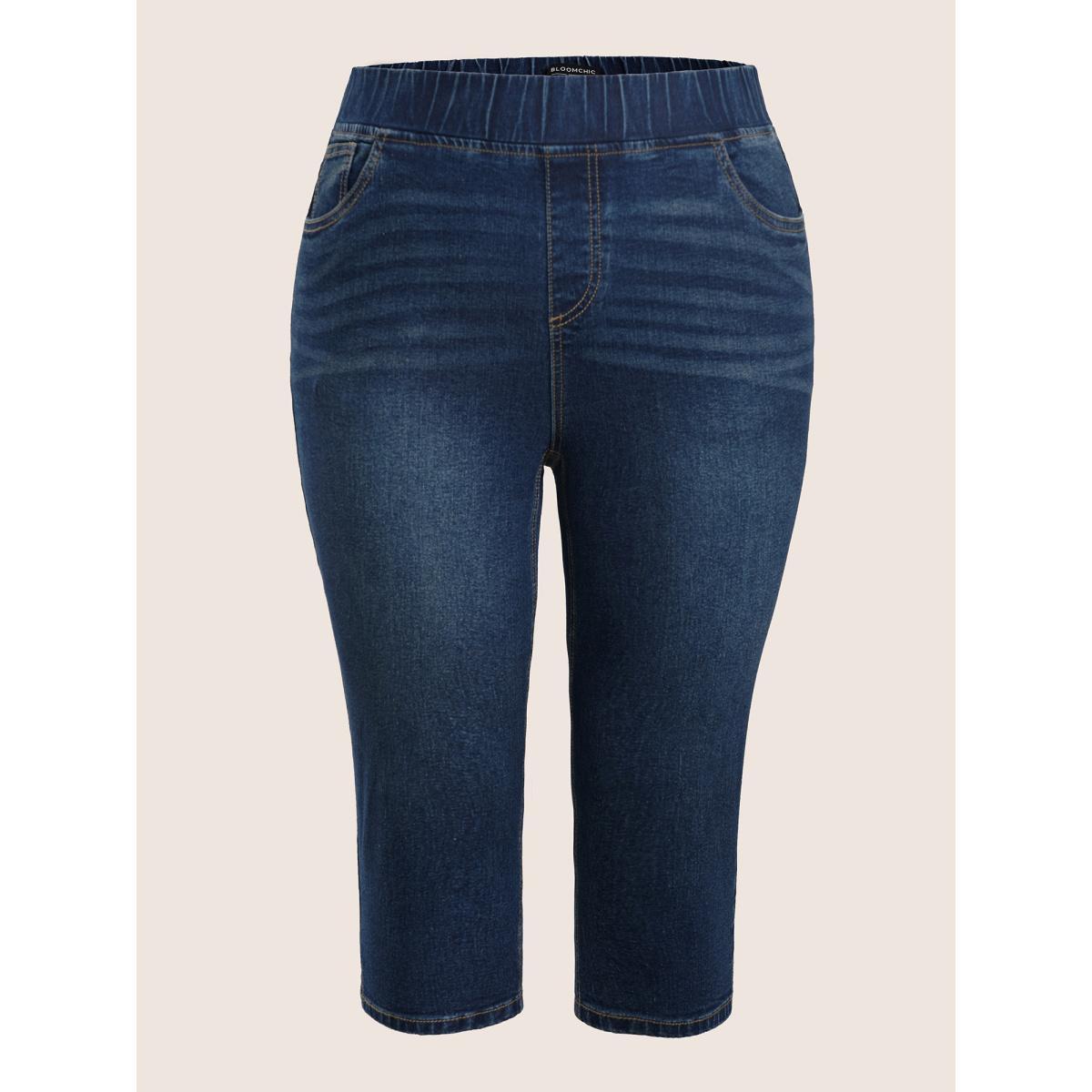 Plus Size Split Side Elastic Waist Pull-On Jegging Jeans Women Blue Casual Plain Slit High stretch Slanted pocket Jeans BloomChic 22/3X Product Image