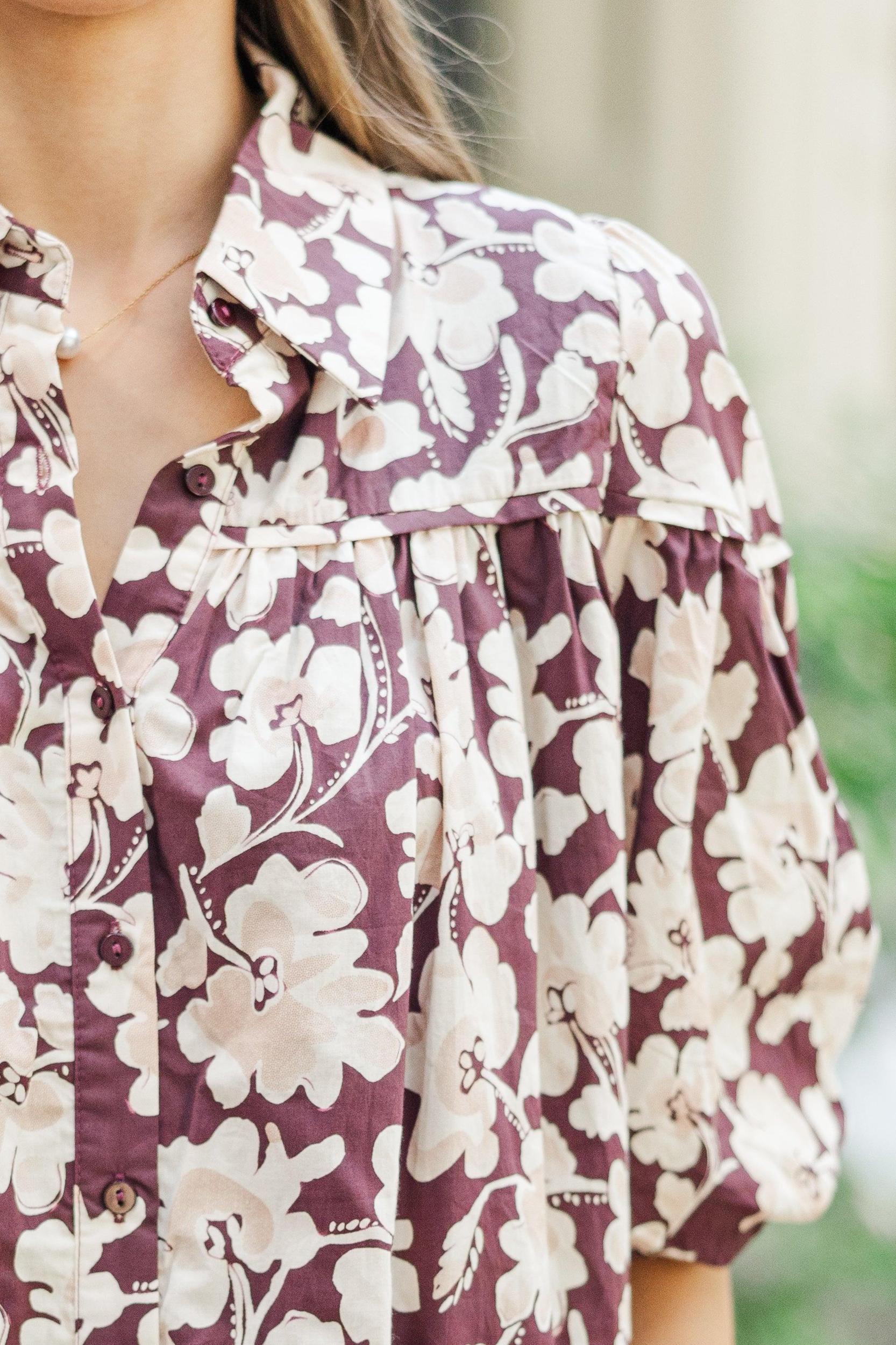 Better Than You Know Burgundy Floral Puff Sleeve Blouse Female Product Image