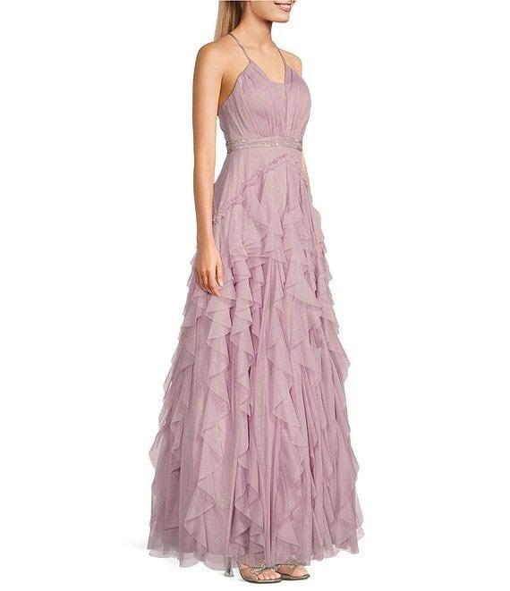 Pear Culture Glitter Mesh V-Neck Spaghetti Strap Drop Waist Corkscrew Dress Product Image