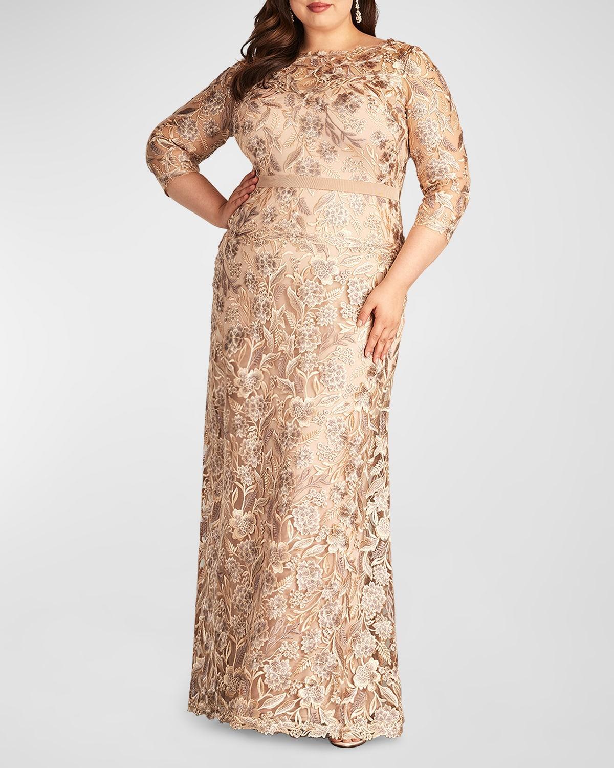 Womens Plus Three-Quarter-Sleeved Embroidered Lace Gown Product Image