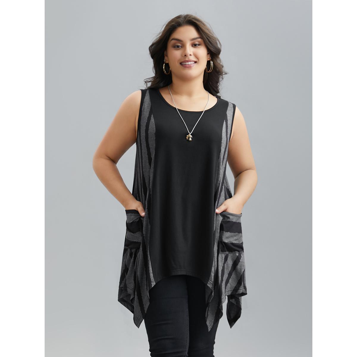 Plus Size Striped Spliced Pockets Hi-Low Hem Vest Women Black Casual Contrast Round Neck Everyday Tank Tops Camis BloomChic 22-24/3X Product Image