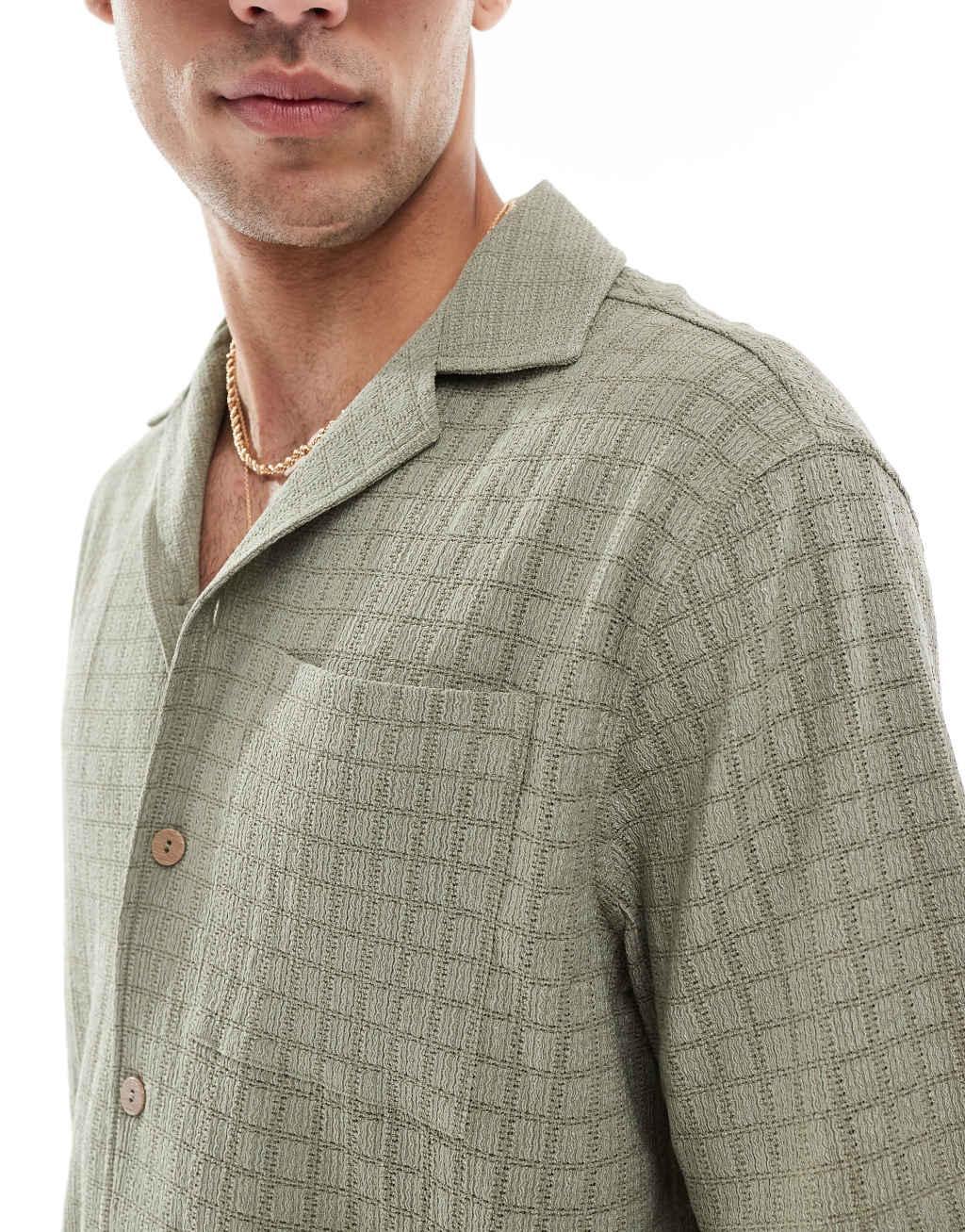 River Island revere collar textured shirt in khaki Product Image