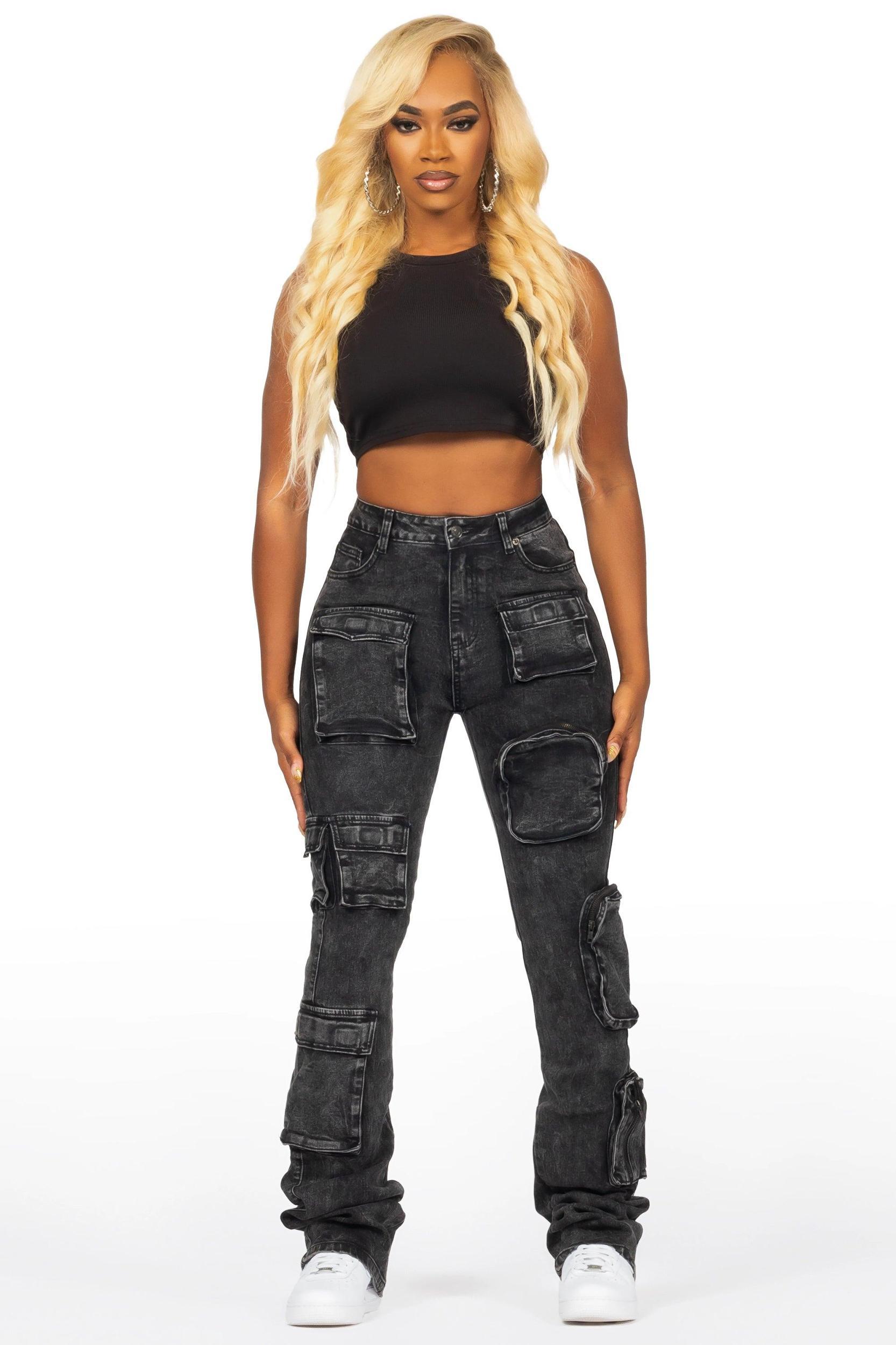 Symone Black Wash Cargo Stacked Flare Jean Female Product Image