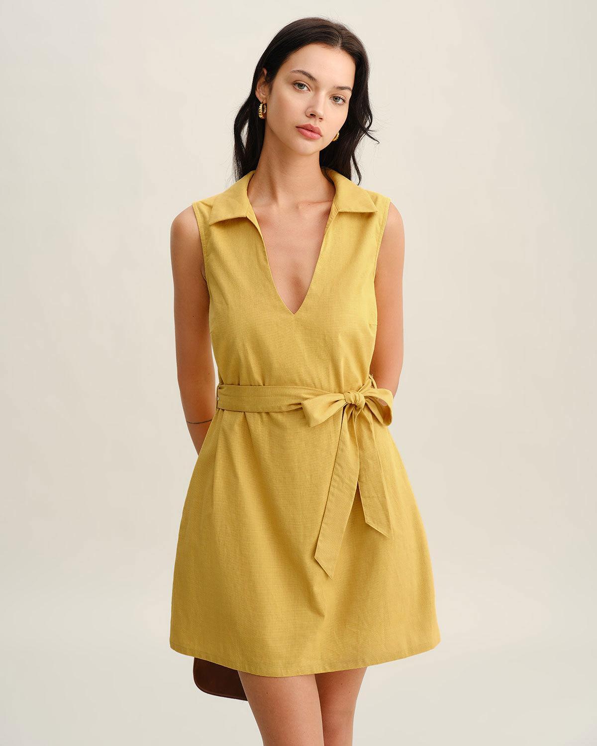 Yellow Tie Waist Sleeveless Mini Dress Product Image
