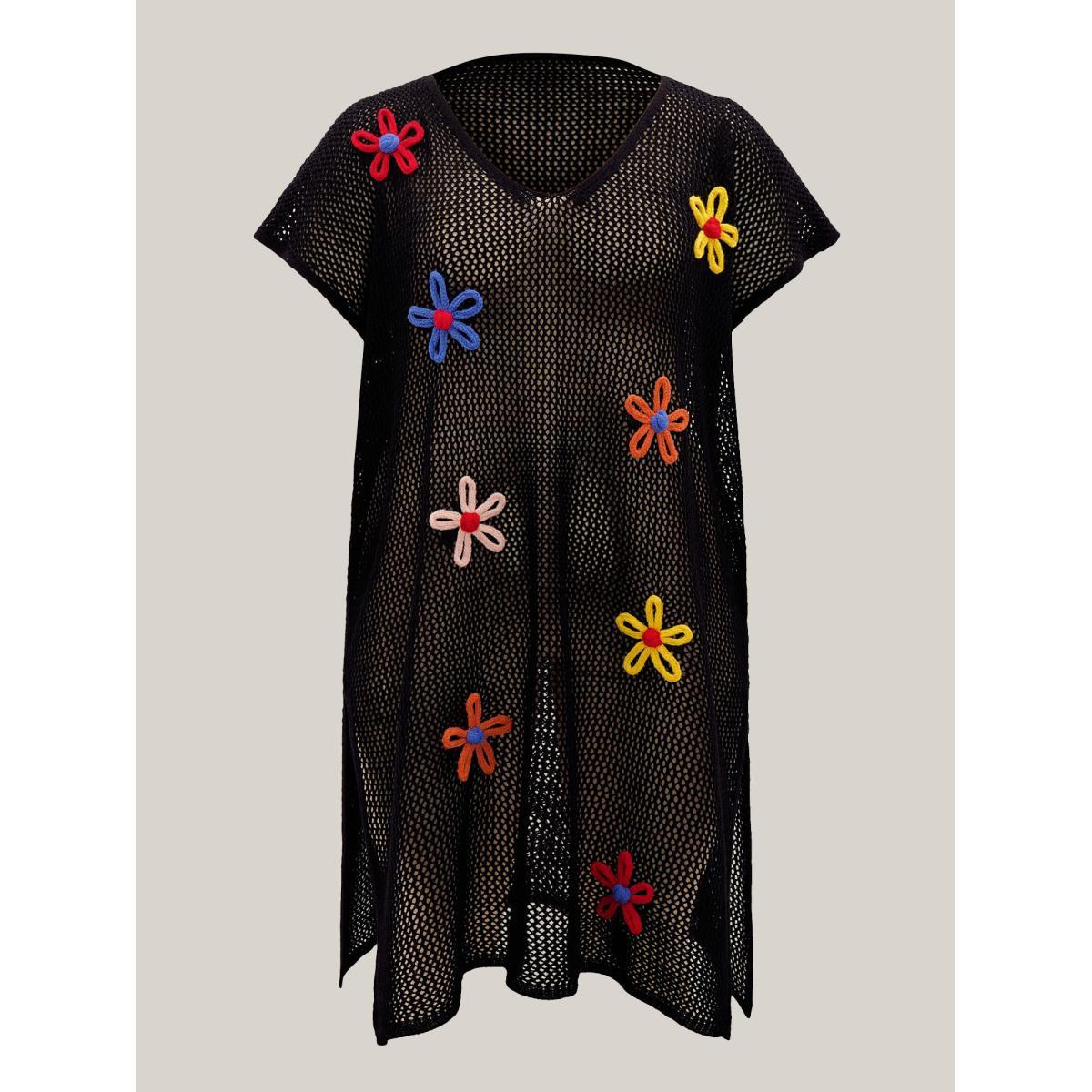 Plus Size Stereo Flower Design Slit Hem Swim Cover Up Women's Swimwear Black Beach Loose Crochet Curve Swim Cover Ups BloomChic 12/L Product Image