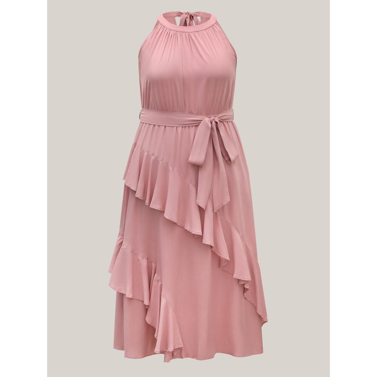 Plus Size Ruffled Halter Neck Solid Midi Dress Watermelon Women Halter neck Sleeveless Curvy BloomChic 18-20/2X Product Image