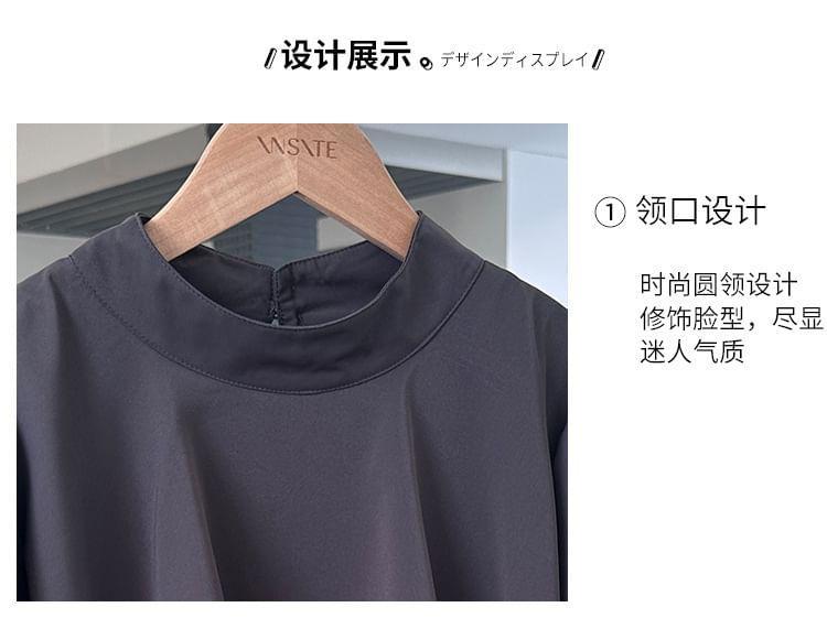 Puff-Sleeve Mock Neck Plain Maxi A-Line Dress Product Image
